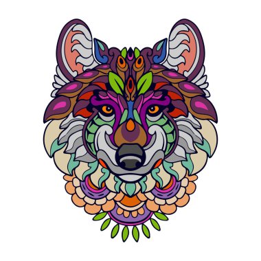 Renkli Kurt baş mandala sanatı beyaz arka planda izole edildi
