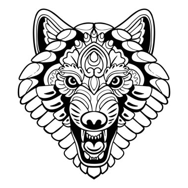 Güzel Wolf kafa mandala sanatı beyaz arka planda izole.