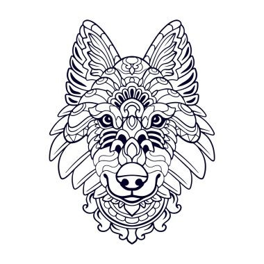 Güzel Wolf kafa mandala sanatı beyaz arka planda izole.