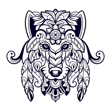 Güzel Wolf kafa mandala sanatı beyaz arka planda izole.