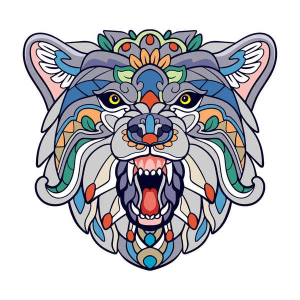 Kleurrijke Wolf Hoofd Mandala Kunst Geïsoleerd Witte Achtergrond — Stockvector