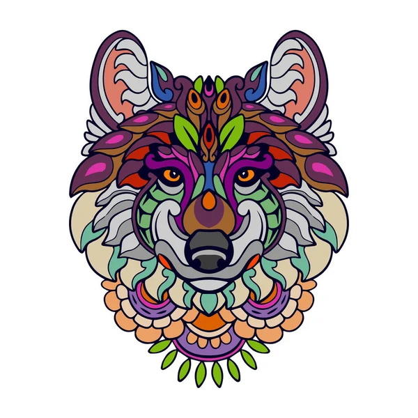 Colorful Wolf Head Mandala Arts Isolated White Background — Stock Vector