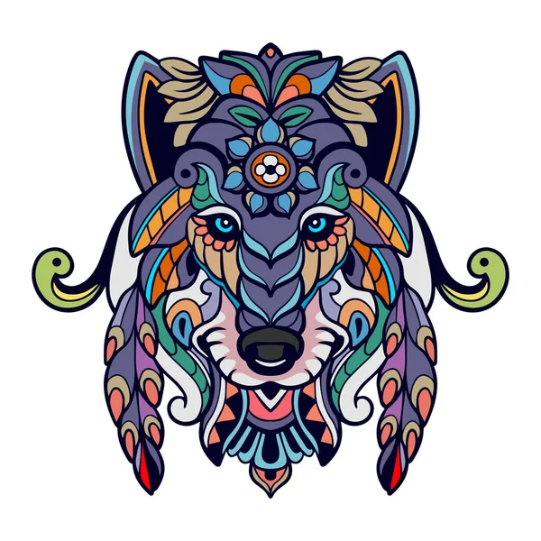 Colorat Wolf Cap Mandala Arte Izolate Fundal Alb — Vector de stoc