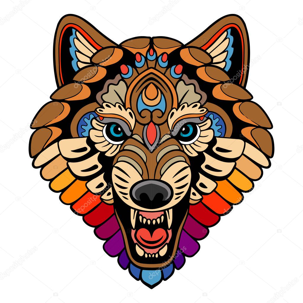 Colorful Wolf head mandala arts isolated on white background
