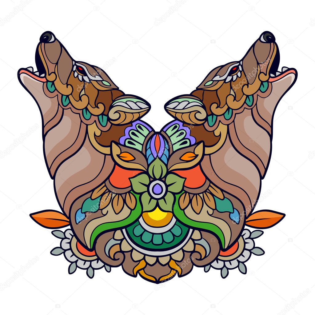 Colorful Wolf head mandala arts isolated on white background