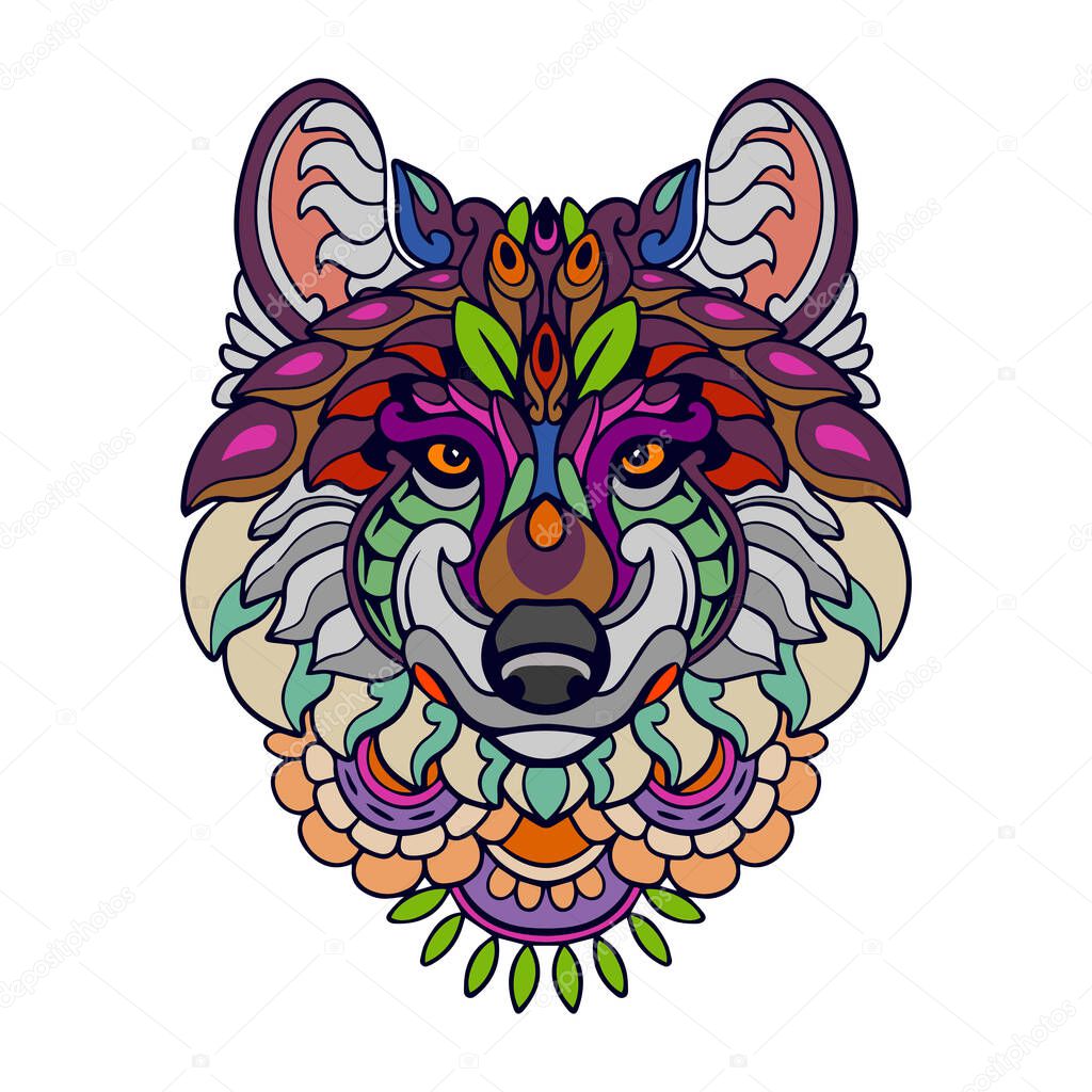 Colorful Wolf head mandala arts isolated on white background