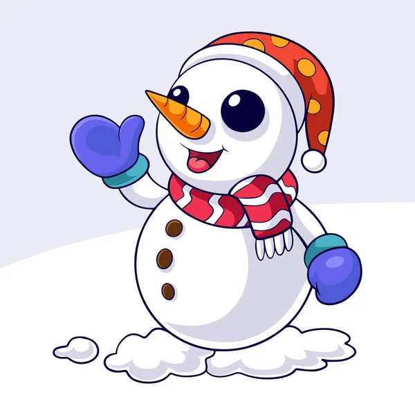 Snowman Cartoon Happy Waving Snowfall — Stock Vector