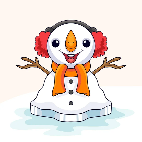 Muñeco Nieve Dibujos Animados Feliz Ondeando Nevada — Vector de stock