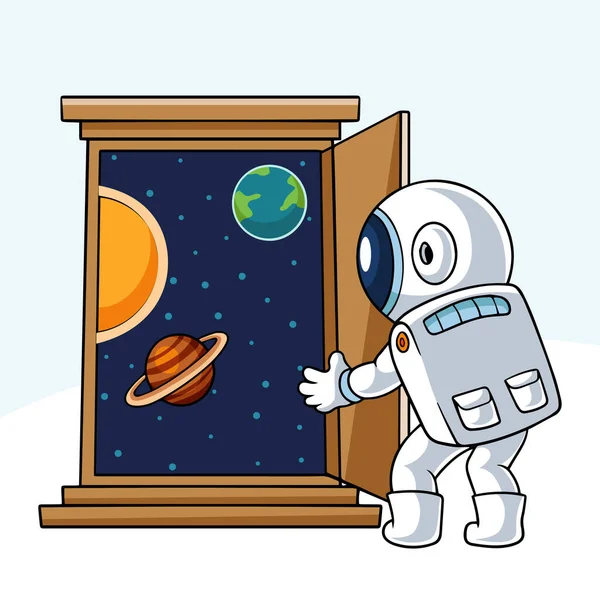 Desenhos Animados Dos Astronautas Abrem Porta Para Espaço — Vetor de Stock