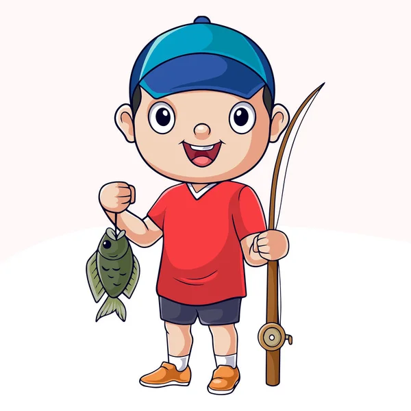 Little boy holding fishing rod with fish on hook., Stock vector