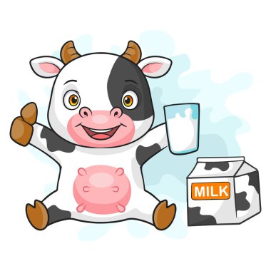 Little cow cartoon showing a glass of milk
