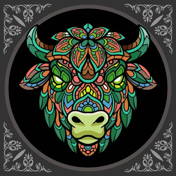 Tête Bison Coloré Mandala Arts Isolé Sur Fond Noir — Image vectorielle