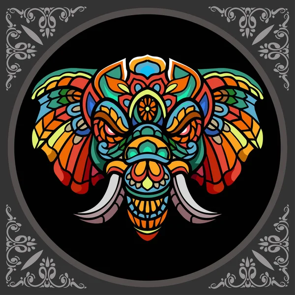 Kleurrijke Olifant Hoofd Mandala Kunst Geïsoleerd Zwarte Achtergrond — Stockvector