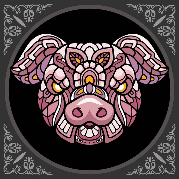 Colorful Pig Head Mandala Arts Isolated Black Background — стоковый вектор