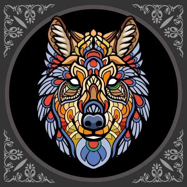 Colorful Wolf Head Mandala Arts Isolated Black Background — Stock Vector