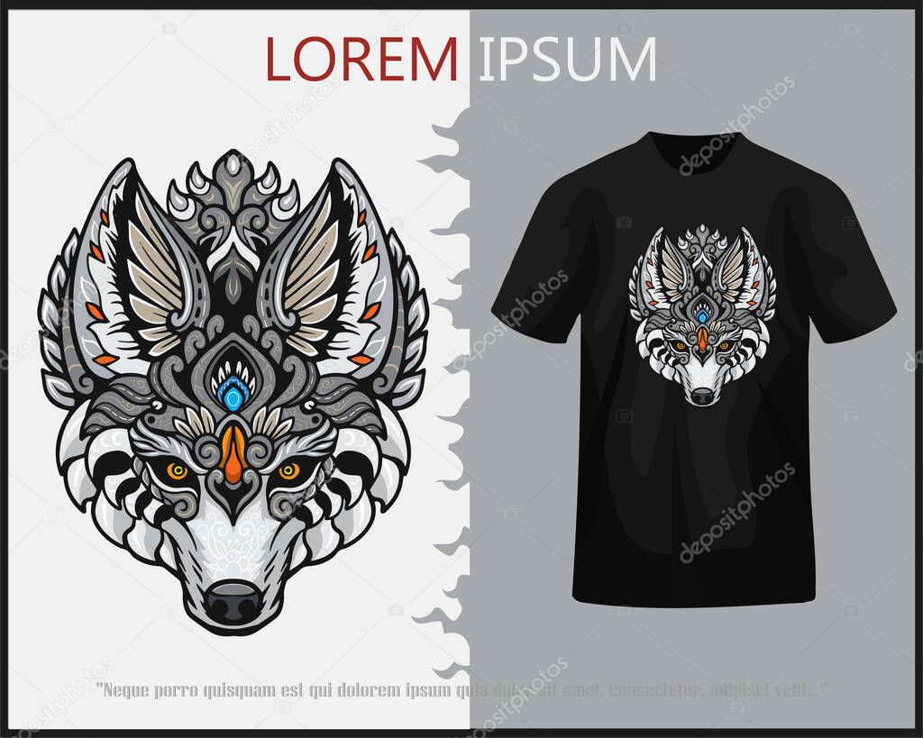 Colorful wolf head mandala arts isolated on black t-shirt.
