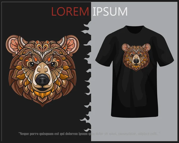 티셔츠에 고립된 회색곰 만다라 — 스톡 벡터