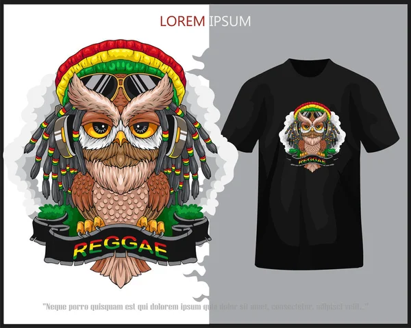 Jamaican Owl Bird Usando Auriculares Aislados Camiseta Negra — Archivo Imágenes Vectoriales
