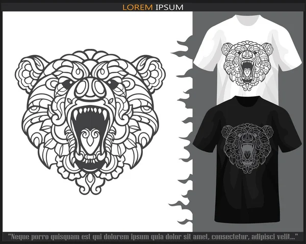 黒と白のTシャツに隔離されたグリズリークマの頭マンダラ芸術 — ストックベクタ