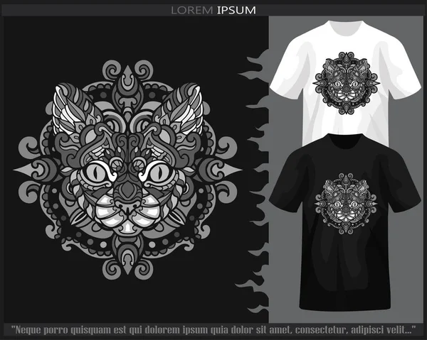 Monochrome Farbe Katzenkopf Mandala Kunst Isoliert Auf Schwarz Weißen Shirt — Stockvektor