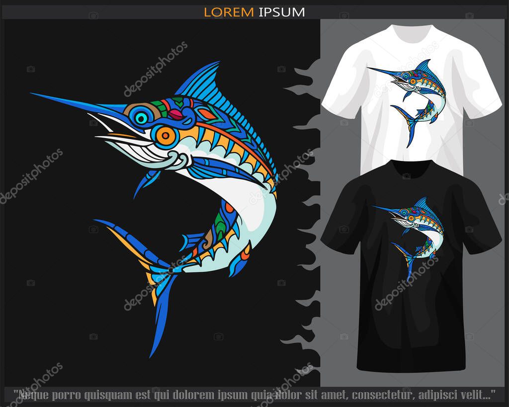 Colorful marlin fish mandala arts isolated on black and white t shirt.