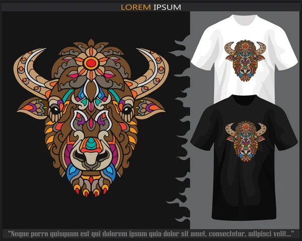 Stock vector Colorful bison head mandala arts isolated on black and white t shirt.