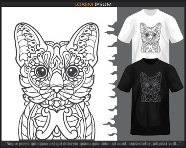 Kedi mandala sanatları siyah beyaz tişörtle izole edilmiş..