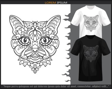 Kedi mandala sanatları siyah beyaz tişörtle izole edilmiş..