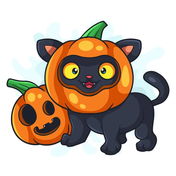 Mignon Dessin Animé Chat Avec Citrouille Halloween — Image vectorielle