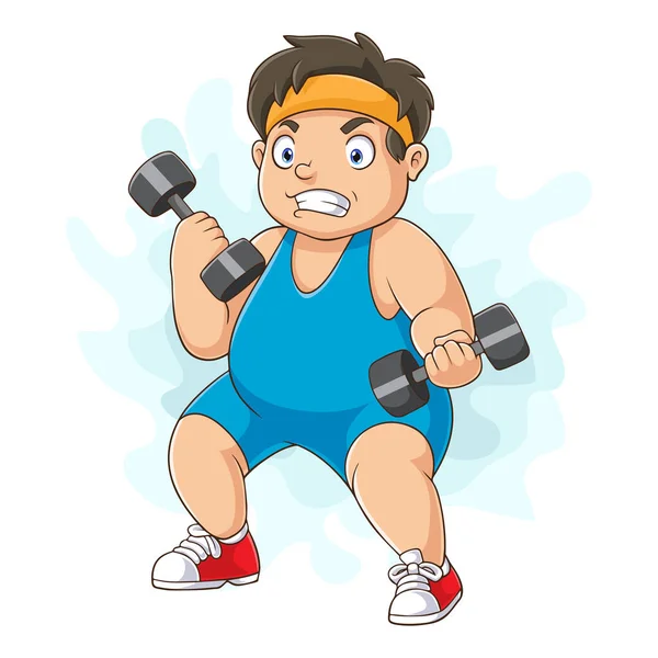 Cartoon Fat Boy Exercising Barbell — Stock Vector