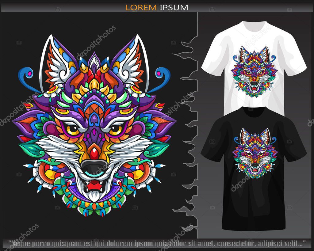 Colorful Wolf head mandala arts isolated on black and white t shirt.