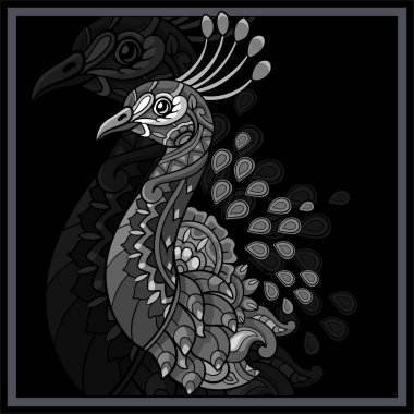 Tek renkli Tavuskuşu mandala sanatları siyah arka planda izole edilmiştir..