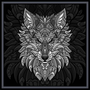 Tek renkli Kurt baş mandala sanatı siyah arka planda izole edilmiş..
