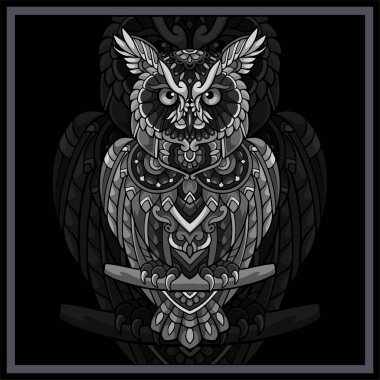 Tek renkli baykuş mandala sanatları siyah arka planda izole edilmiştir..