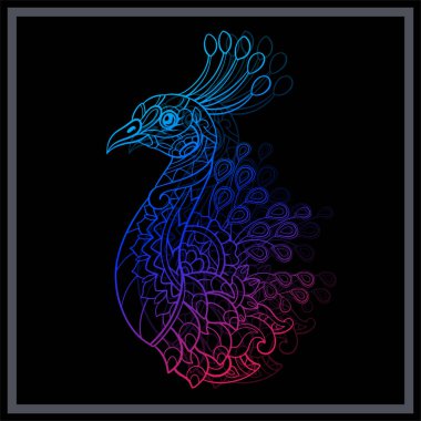 Rengarenk Tavuskuşu mandala sanatları siyah arka planda izole edildi.