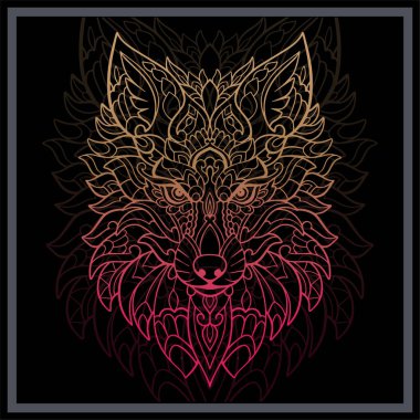 Rengarenk kurt başı mandala sanatı siyah arka planda izole edilmiş..