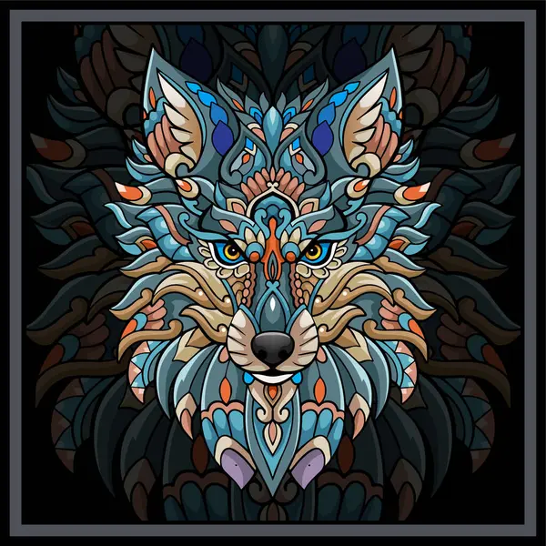 Siyah arka planda izole edilmiş renkli kurt başı mandala sanatı.