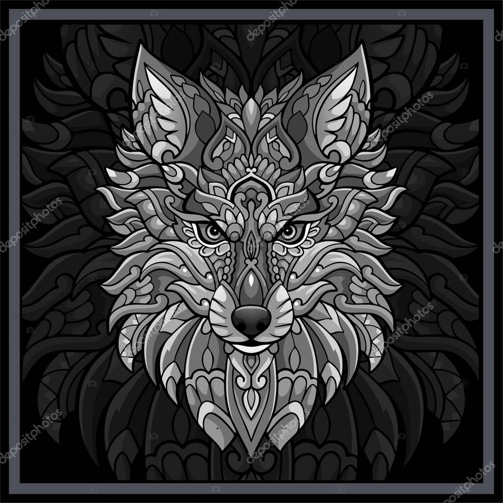 Monochrome Wolf head mandala arts isolated on black background.