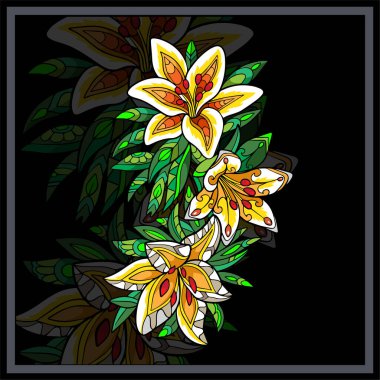 Siyah arka planda izole edilmiş renkli kaplan zambağı çiçeği mandala sanatı.