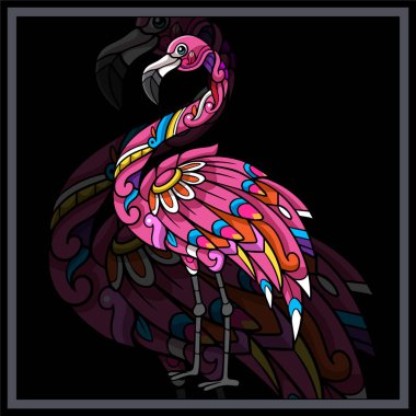 Siyah arkaplanda izole edilmiş renkli flamingo mandala sanatları.