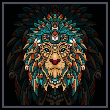Siyah arka planda izole edilmiş renkli aslan başı mandala sanatları.
