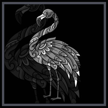 Tek renkli Flamingo mandala sanatları siyah arkaplanda izole edilmiştir..