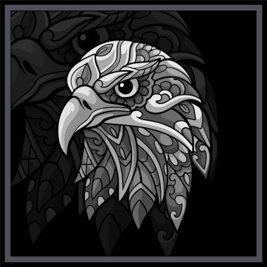 Monokrom Kartal baş mandala sanatı siyah arka planda izole.