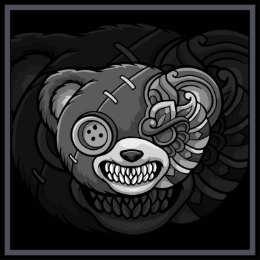 Monochrome Voodoo bear mandala arts isolated on black background clipart