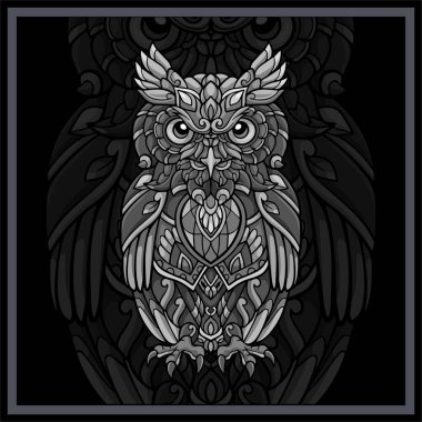 Tek renkli baykuş mandala sanatları siyah arka planda izole edilmiştir.