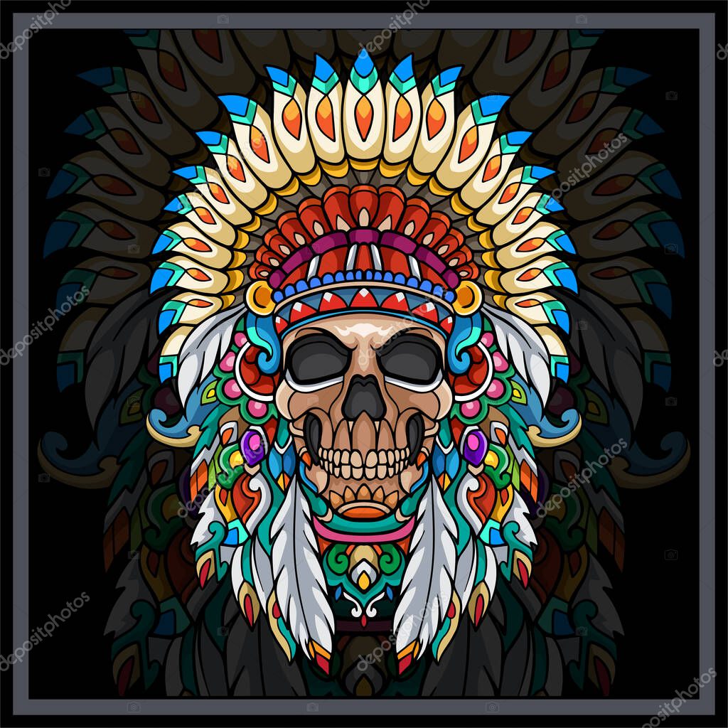 Colorful skull tribal chief mandala arts.