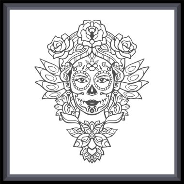 Calavera kız baş mandala sanatı beyaz arka planda izole.