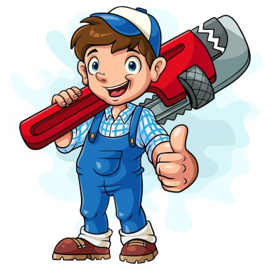 Çizgi filmdeki tesisatçı çocuk elinde büyük bir anahtar tutuyor ve başparmağıyla...