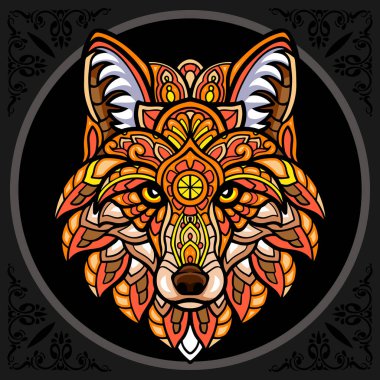 Siyah arka planda izole edilmiş renkli tilki başı mandala sanatı
