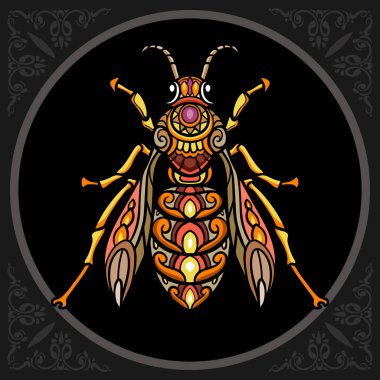 Siyah arka planda izole edilmiş renkli iğneli arı mandala sanatı